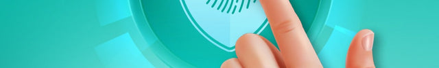 Fingerprints on a digital interface with a hand about to press it, on a teal background with branding at the bottom.